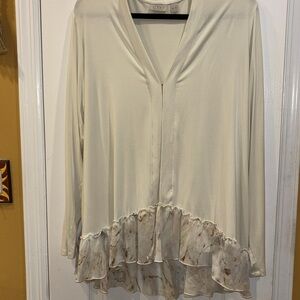 LOGO by Lori Goldstein Cream Light Weight Jacket HiLo Floral Sheer Ruffle Hem